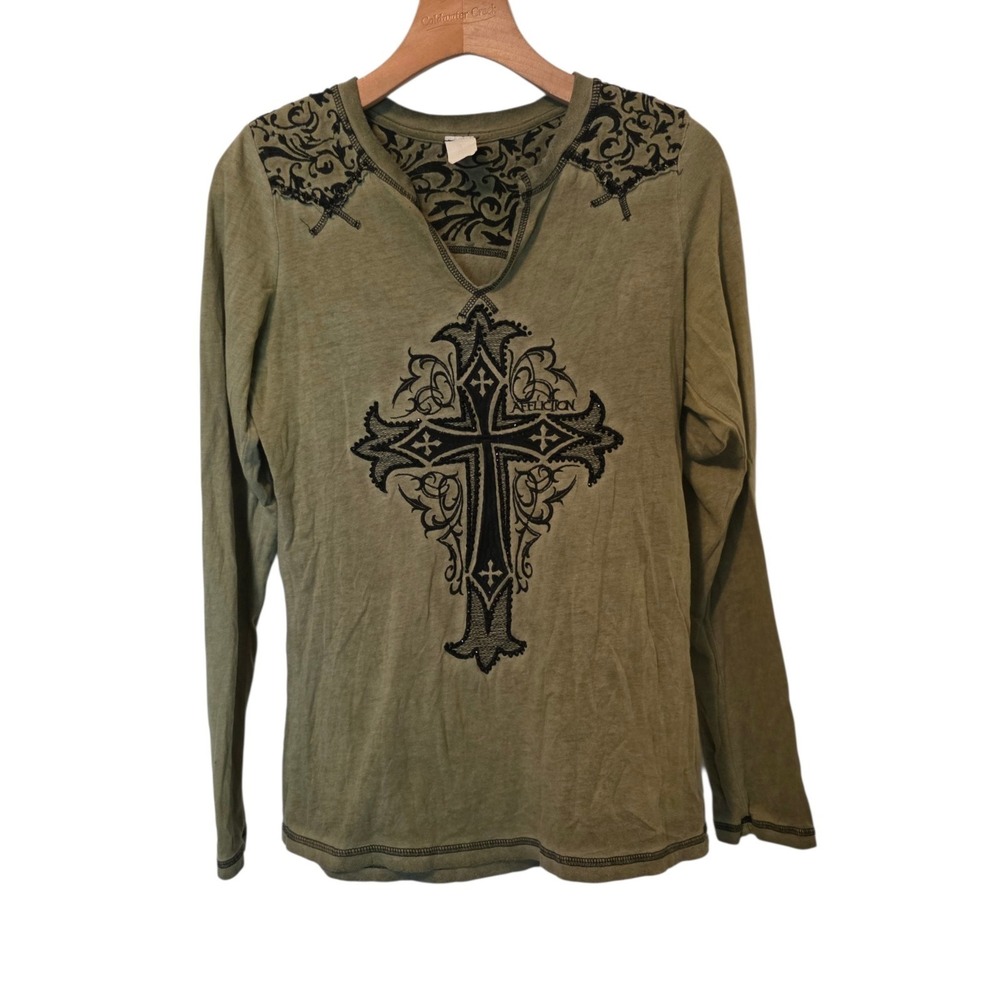 Affliction Long Sleeve Shirt Green Cross Cyber Grunge Vintage Y2K Womens Large